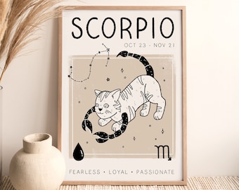 Scorpio Zodiac Star Sign Print (A4, A3, A2, 5x7), Cat Astrology Poster, Boho Wall Art, Illustration, Designed by Leanne, Unframed