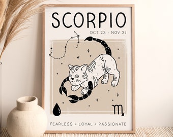 Scorpio Zodiac Star Sign Print (A4, A3, A2, 5x7), Cat Astrology Poster, Boho Wall Art, Illustration, Designed by Leanne, Unframed