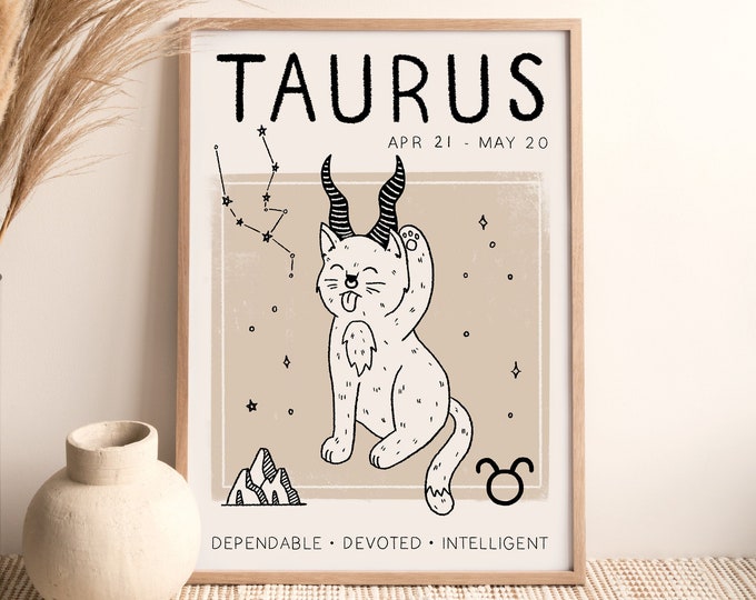Taurus Cat Zodiac Print: Boho Astrology Wall Art, Unframed