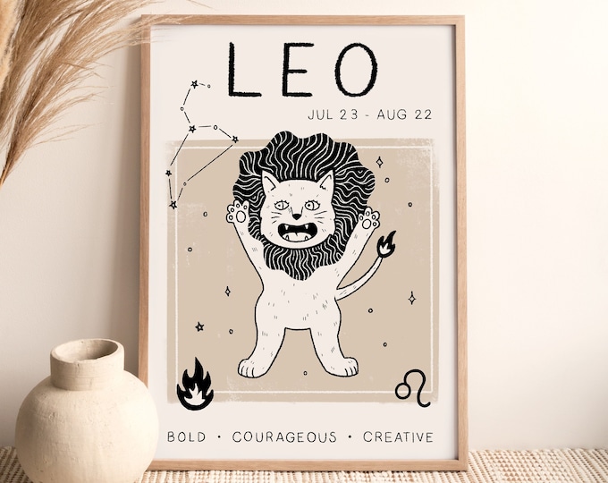Leo Zodiac Star Sign Print (A4, A3, A2, 5x7), Cat Astrology Poster, Boho Wall Art, Illustration, Designed by Leanne, Unframed