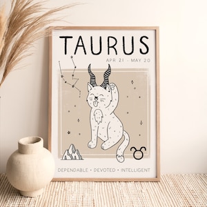 Impresión del signo zodiacal Tauro (A4, A3, A2, 5x7), póster de astrología felina, arte mural bohemio, ilustración, diseñado por Leanne, sin marco