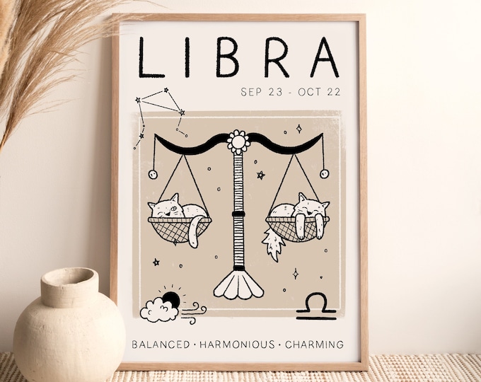 Libra Cat Astrology Print: Boho Zodiac Star Sign Wall Art, Unframed