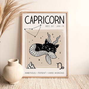 Capricorn Zodiac Star Sign Print (A4, A3, A2, 5x7), Cat Astrology Poster, Boho Wall Art, Illustration, Designed by Leanne, Unframed