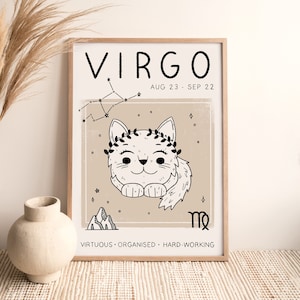 Impresión del signo zodiacal Virgo (A4, A3, A2, 13,7 x 18,8 cm), póster de astrología felina, arte mural bohemio, ilustración, diseño de Leanne, sin marco