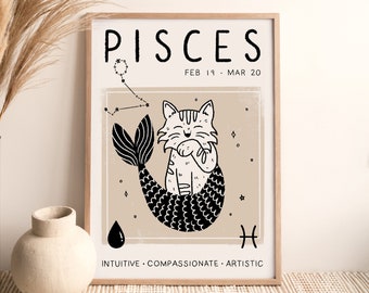 May include: A printable poster with a black and white illustration of a cat mermaid with the text "Pisces" and "Feb 19 - Mar 20" and the words "Intuitive - Compassionate - Artistic".