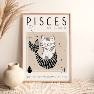 Zodiac Pisces Cat Print, Celestial Print, Mother&#39;s Day Gift, Birthday gift idea, Star Sign, Astrology Art, Boho Decor, Mystical Art