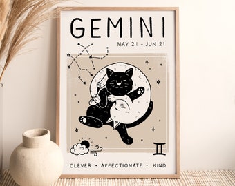 Gemini Cat Print, Zodiac Star Sign (A4, A3, A2, 5x7), Cat Astrology Poster, Boho Wall Art, Illustration, Designed by Leanne, Unframed