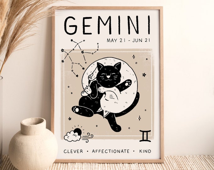 Gemini Cat Print, Zodiac Star Sign (A4, A3, A2, 5x7), Cat Astrology Poster, Boho Wall Art, Illustratie, Ontworpen door Leanne, Niet ingelijst