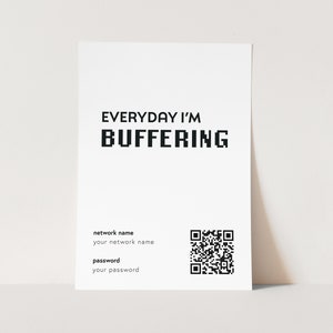 Wifi Password Print (A4, A3, digital), Customised QR code Sign Scanner, ‘Everyday I'm Buffering’ Quote, Unframed