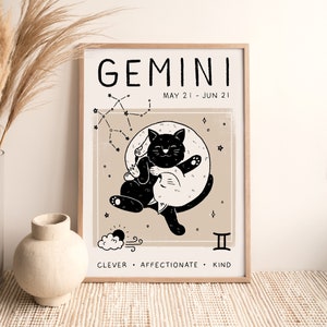 Gemini Cat Print, Zodiac Star Sign (A4, A3, A2, 5x7), Cat Astrology Poster, Boho Wall Art, Illustration, Designed by Leanne, Unframed