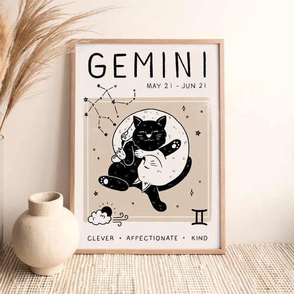 Gemini Print, Sternzeichen Sternzeichen (A4, A3, A2, 5x7), Katze Astrologie Poster, Boho Wand Kunst, Entworfen von Leanne, Ungerahmt