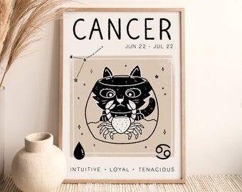 Cancer Zodiac Star Sign Print (A4, A3, A2, 5x7), Cat Astrology Poster, Boho Wall Art, Illustration, Designed by Leanne, Unframed