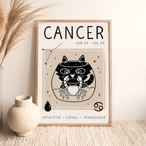 Impresión del signo zodiacal Cáncer (A4, A3, A2, 13,7 x 18,8 cm), póster de astrología felina, arte de pared bohemio, ilustración, diseño de Leanne, sin marco
