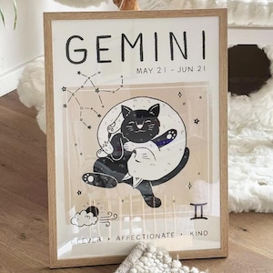 Lámina de gato Géminis, signo del zodiaco (A4, A3, A2, 13,7 x 18,8 cm), regalos de Géminis, póster de astrología felina, arte mural bohemio, ilustración, sin marco