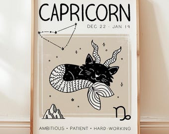 Capricorn Cat Zodiac Print: Boho Astrology Wall Art, Unframed