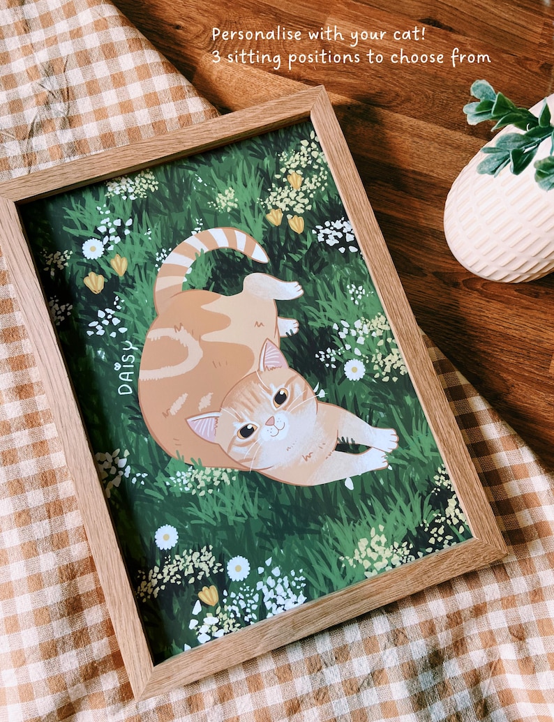 Beautiful wall art of your personalised hand-drawn cat illustrated so that it is sitting in grass and wildflowers.