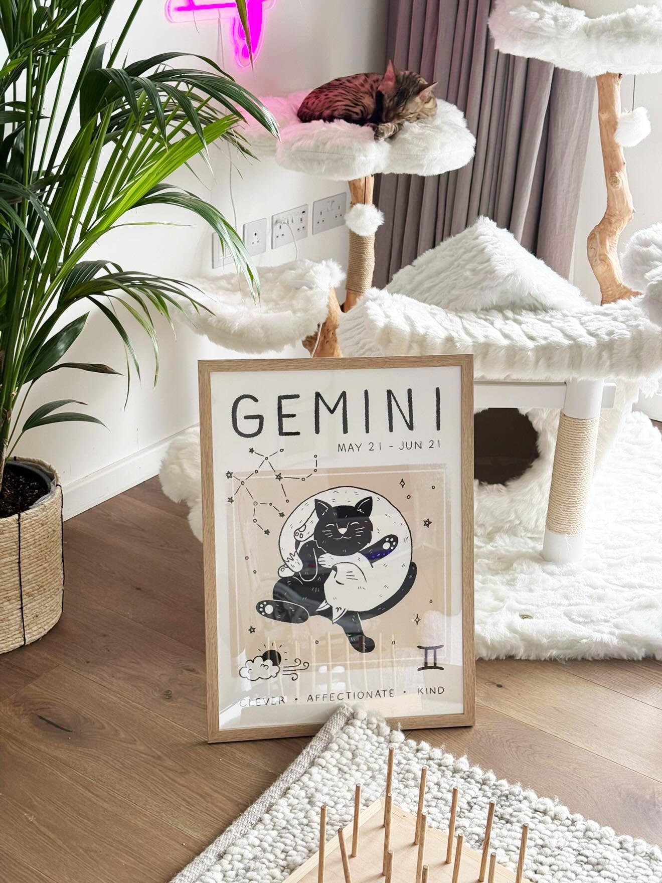Gemini Cat Print, Zodiac Star Sign (A4, A3, A2, 5x7), Gemini Gifts, Cat Astrology Poster, Boho Wall Art, Illustration, Unframed