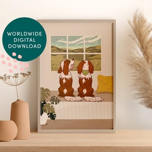 Personalised Dog Print (digital), Custom Wall Art of Dogs Looking at Birds Outside Window, Unframed
