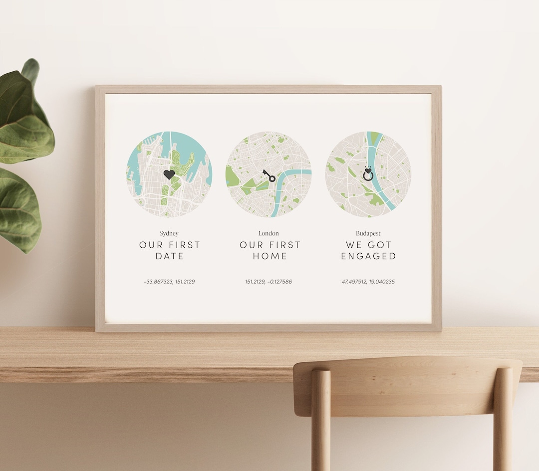 Custom Map Print - 2, 3 or 4 Locations (5x7, A4, A3, A2, Digital ...