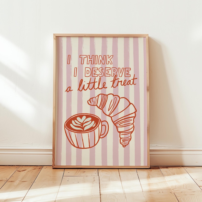 Aesthetic coffee and croissant print with vintage café vibes, framed in a wooden frame, perfect for kitchen and coffee bar decor.