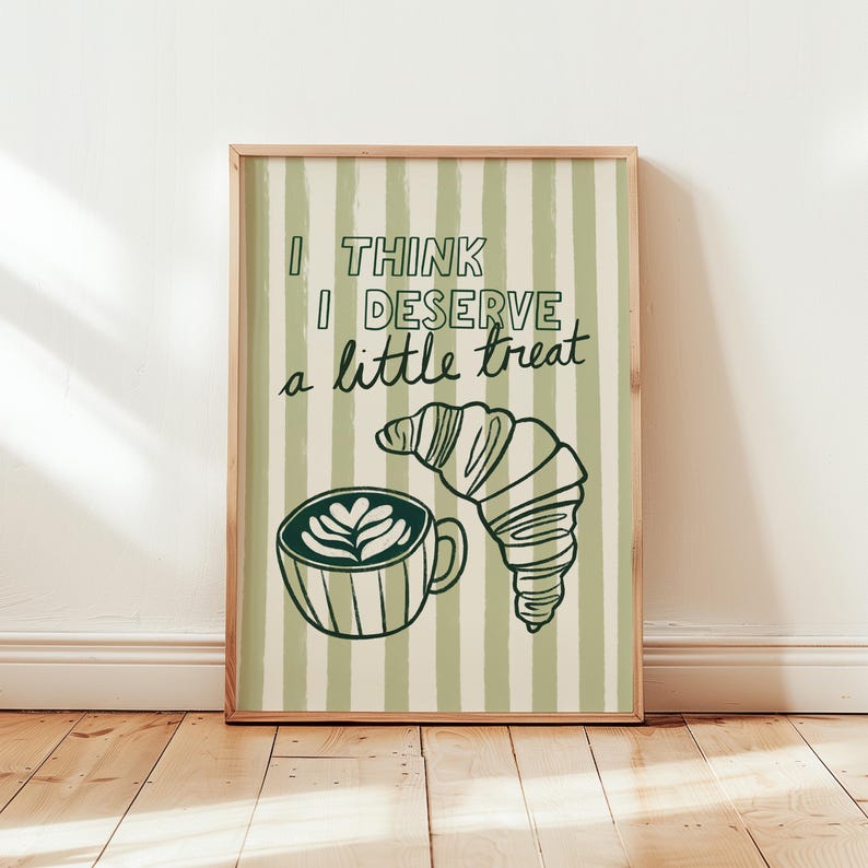 Minimalist green and white bakery wall art featuring coffee and croissant illustration for foodie home decor.