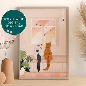 Personalised Cat Portrait Print (Digital), Beautiful Wall Art of Cats Looking at Birds Outside Window, DesignedByLeanne