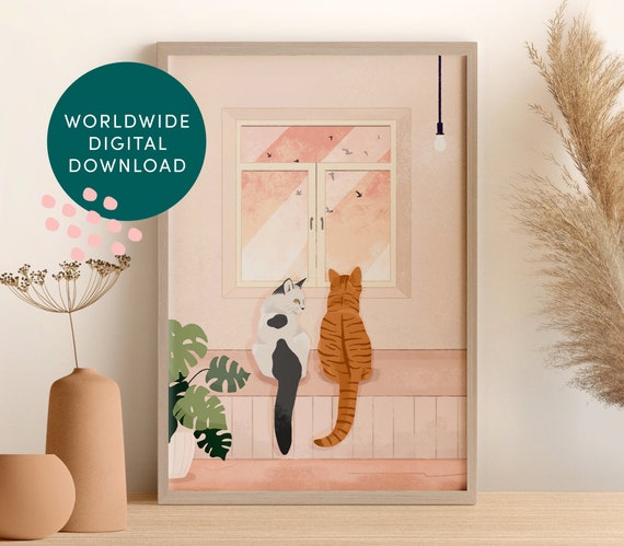 Personalised Cat Portrait Print digital Beautiful Wall Art of Cats Looking at Birds Outside Window Designedbyleanne Etsy