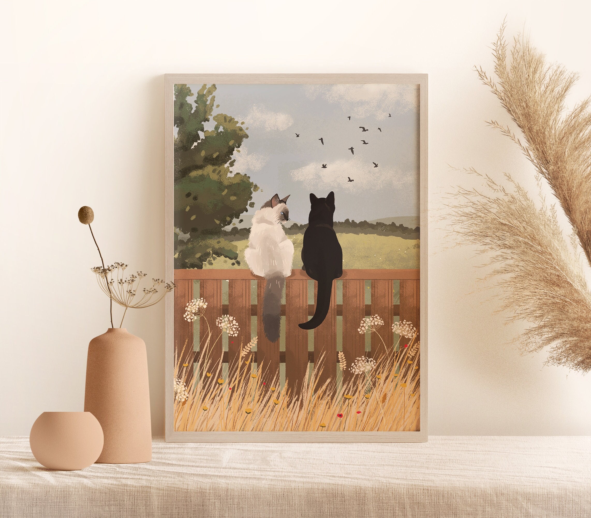 Personalised Cat Portrait Print, Unique Gift for Cat Mums, Countryside Wall Art of Hand-Drawn Cats Sitting on a Fence, Mother's Day Present