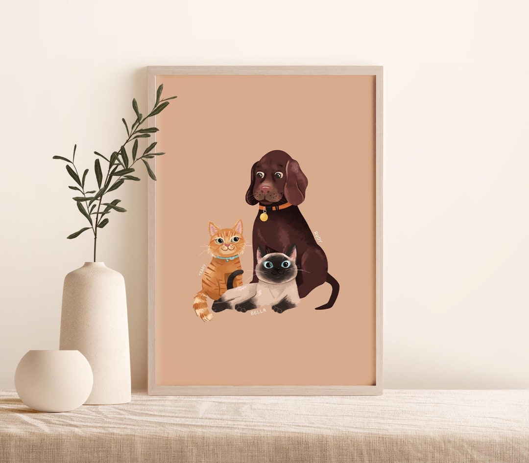 Hand-illustrated Pet Portrait Print: Custom Cat & Dog Family Art ...