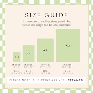 May include: Size guide for prints, showing different sizes in inches and centimeters. The sizes are 5x7, A4, A3, and A2. The text says "Please note: This print arrives unframed."