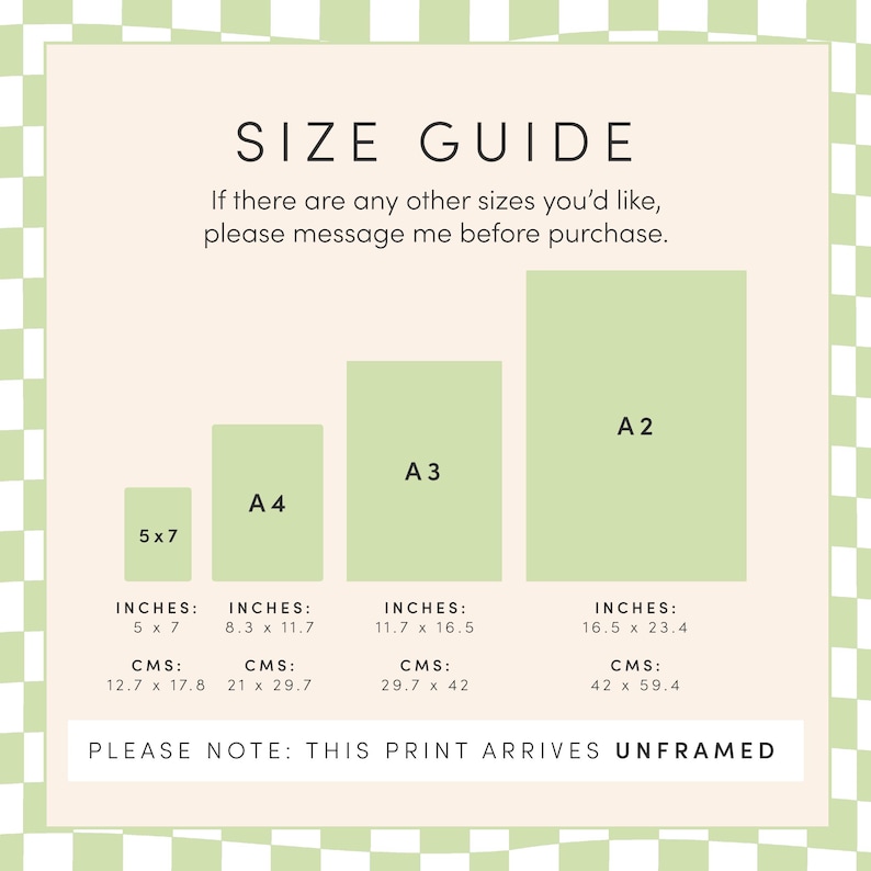 May include: Size guide for prints, showing different sizes in inches and centimeters. The sizes are 5x7, A4, A3, and A2. The text says "Please note: This print arrives unframed."