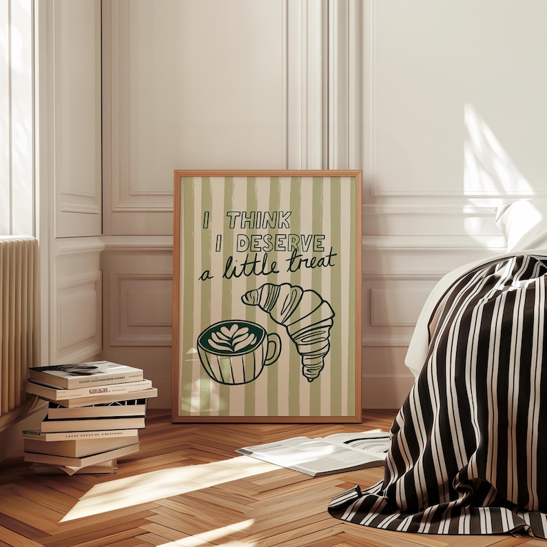 Framed little treat poster in bedroom with stacked books. Big art print.