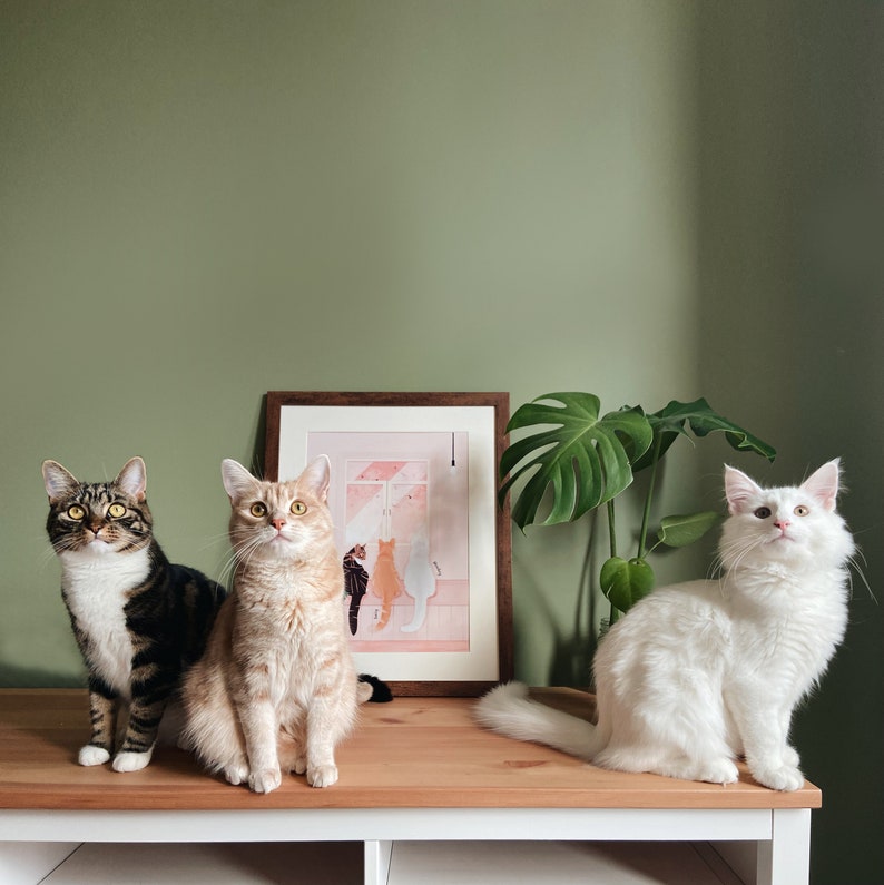 Personalised Cat Portrait Print A4, A3, A2, 5x7, Beautiful Wall Art of Cats Looking at Birds Outside Window, Designed by Leanne, Unframed image 3