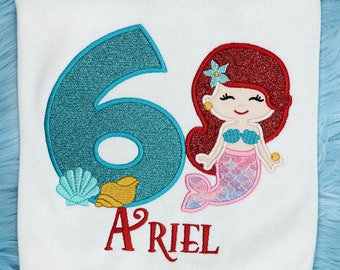 Mermaid Birthday Girls T-Shirt, Mermaid Girl Embroidery Applique Customized Shirt