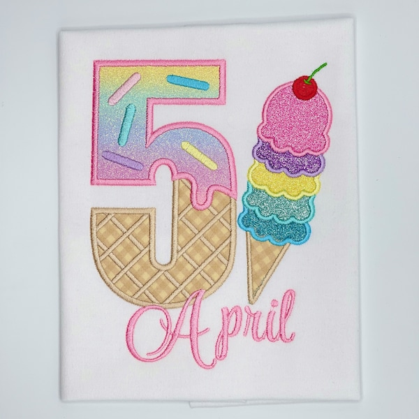 Summer Ice Cream Birthday Girls T-Shirt, Ice Cream Birthday Embroidery Applique Customized Shirt