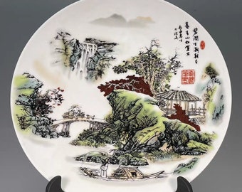 Chinese Antique Porcelain Plate Qing Dynasty Qianlong Marked Famille Rose porcelain Plate,Hand Painting Landscape Ceramic Dish