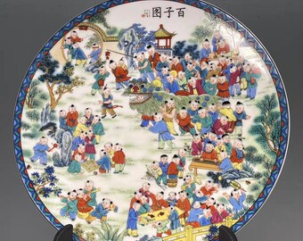 Chinese Antique Porcelain Plate Qing Dynasty Qianlong Marked Famille Rose porcelain Plate,Hand Painting Thousands Babies Ceramic Dish