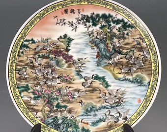 Chinese Antique Porcelain Plate Qing Dynasty Qianlong Marked Famille Rose porcelain Plate,Hand Painting Hundred Cranes Ceramic Dish