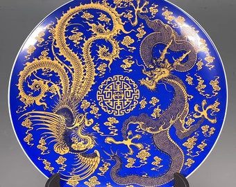 Chinese Antique Porcelain Plate Qing Dynasty Qianlong Marked Famille Rose porcelain Plate,Blue Hand Painting Dragon and Phoenix Ceramic Dish
