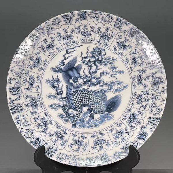Chinese Antique Porcelain Plate Qing Dynasty Qianlong Marked Blue and white porcelain Plate,Hand Painting Kylin Pattern Ceramic Dish