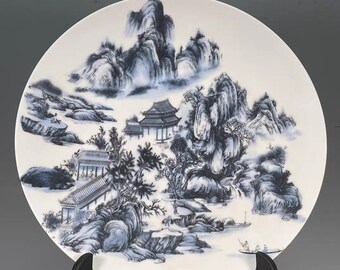 Chinese Antique Porcelain Plate Qing Dynasty Qianlong Marked Blue and white porcelain Plate,Hand Painting Landscape Pattern Ceramic Dish