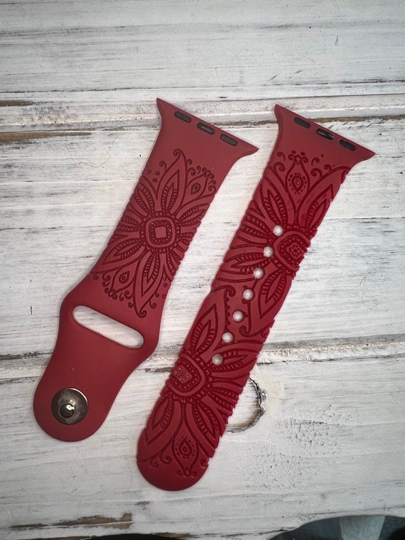 Henna flower Watch Band compatible with Apple Watch Floral Boho iWatch Band Silicone Cute Watch 38/40/41 42/44/45 Strap Laser Engraved Women