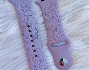 Celestial moon silicone band laser engraved, apple watch compatible 38/40/41mm, 42/44/45mm, series 1,2,3,4,5,6,7,8,9,se,se2 gift