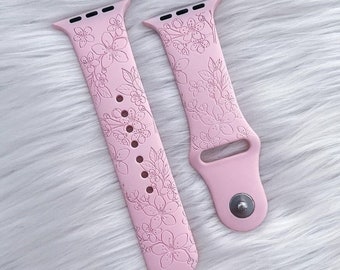 Bracelet en silicone fleurs de cerisier gravé au laser, compatible apple watch 38/40/41 mm, 42/44/45 mm, séries 1,2,3,4,5,6,7,8,9,se,se2