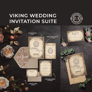 Conception unique de modèle de lot de mariage viking pour mariage alternatif personnalisé, mariage à la main, imprimable, menu, RSVP, réservez la date, papeterie, scandinave