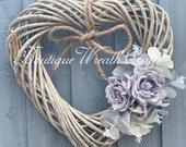 Christmas Wreath-Grey Rose Front Door Wreath- Wicker Heart Door Wreath