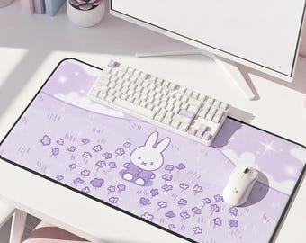 Pastel Purple Desk Mat | Cute Kawaii Mousepad with Bunny | Aesthetic Computer Desk Accessories for Girl Gamers | Lavender Deskmat