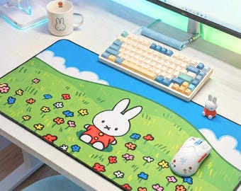 Bunny Desk Mat | Cute Mousepad For Cozy Gamers | Green Desk Mat