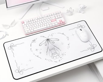 White Desk Mat Cute | Coquette Mousepad | Large Desk Mat For Gaming Setup | Kawaii Bunny Desk Mat | Angelcore Desk Mat for Cozy Gamers