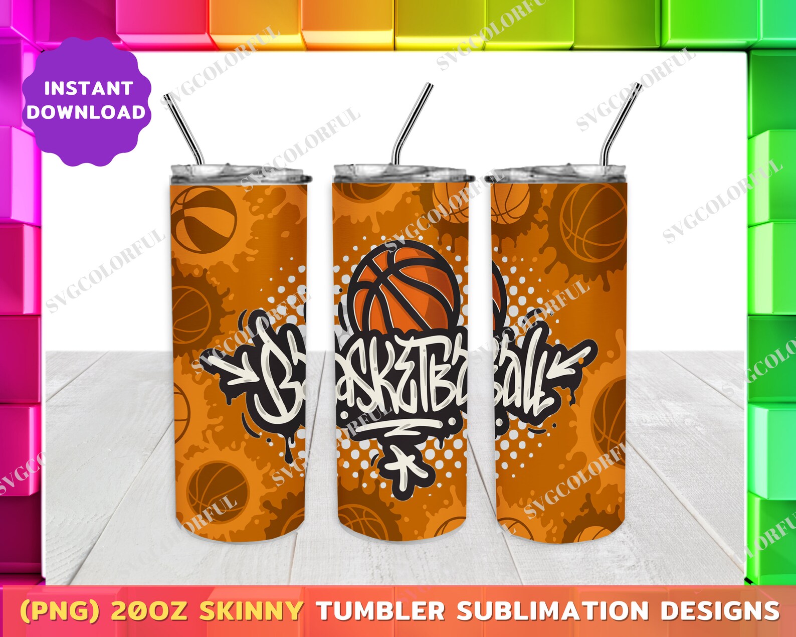 Basketball 20oz Skinny Tumbler Sublimation Designs Sports Etsy
